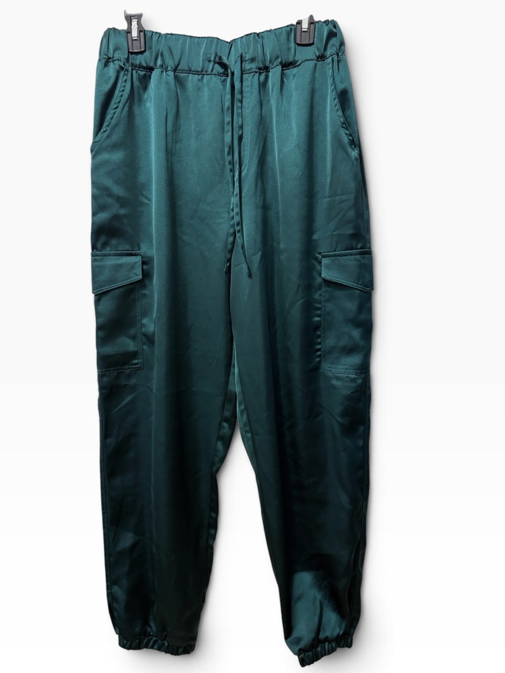 Madden NYC Women’s Sz L Cargo Jogger Pants in Satin, Color Deep Teal